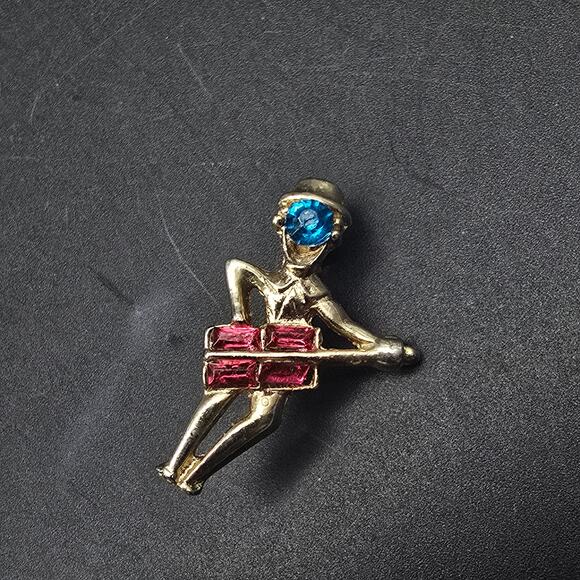 Rhinestone Guitar Player Brooch Pin Petite Gold Tone Vintage Music Gift - Picture 4 of 8